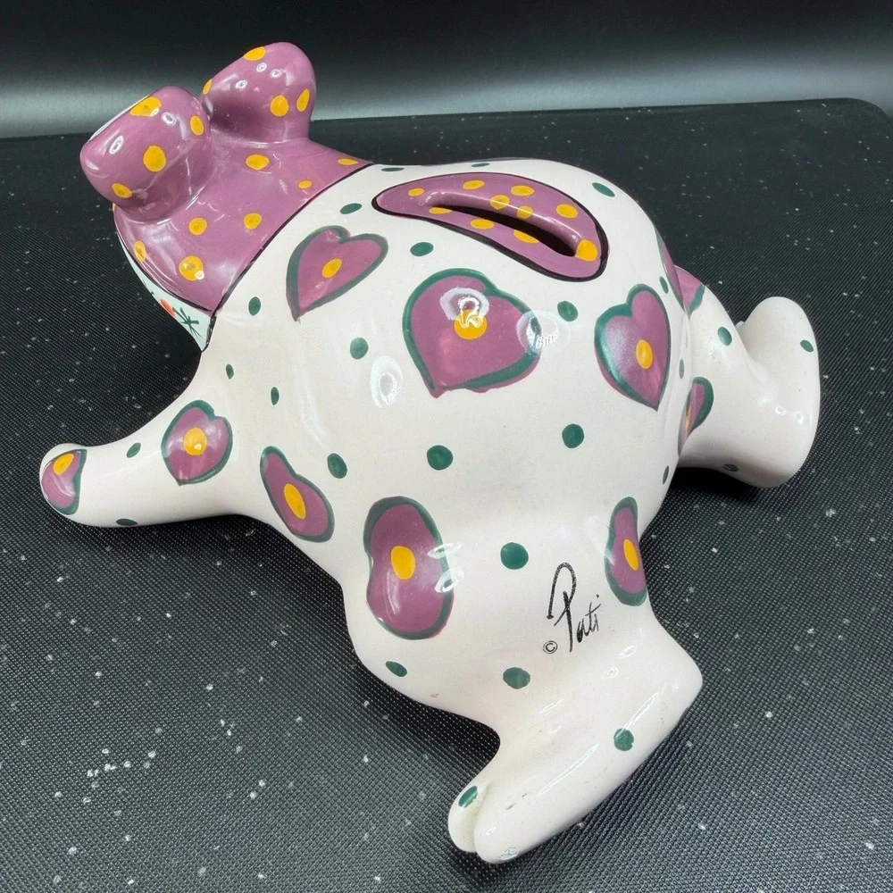 Ganz Bella Casa Ceramic Frog‎ Piggy Bank Hand Painted Hearts Polka Dots Pink